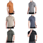 Six Nike polo shirts in orange, gray, beige, blue, olive green, and black displayed on mannequins.