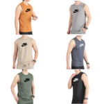 Collage of six Nike sleeveless shirts on models in orange, gray, beige, blue, green, and black, each with a swoosh on the chest.