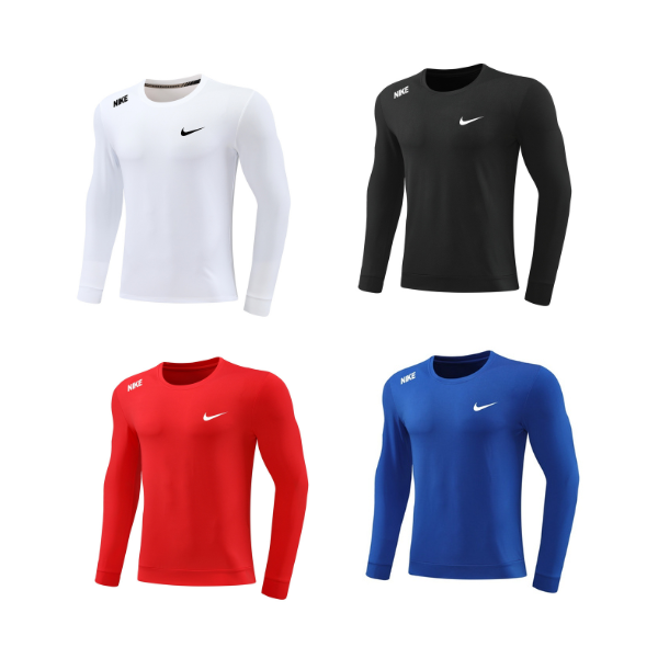 Set of four Nike long-sleeve training tops in white, black, red, and blue, each with a small swoosh on the chest.
