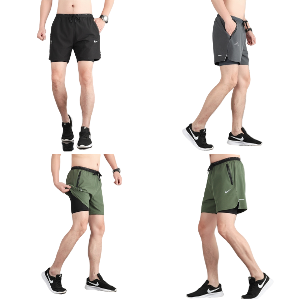 Front view of a man wearing black Nike athletic shorts with a small swoosh logo on the leg.