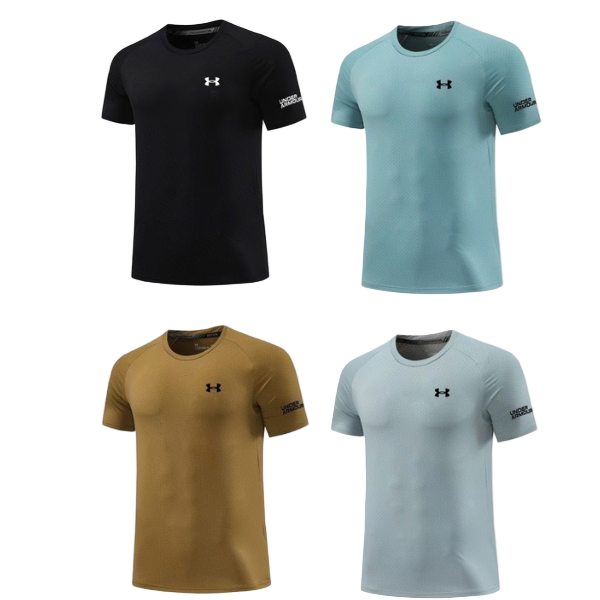 Four Under Armour short-sleeve athletic shirts in black, teal, mustard, and light gray, each with the UA logo on the chest.