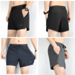 Front and back views of black Nike running shorts, showing zip pocket, drawstring waistband, and perforated side panels for ventilation.