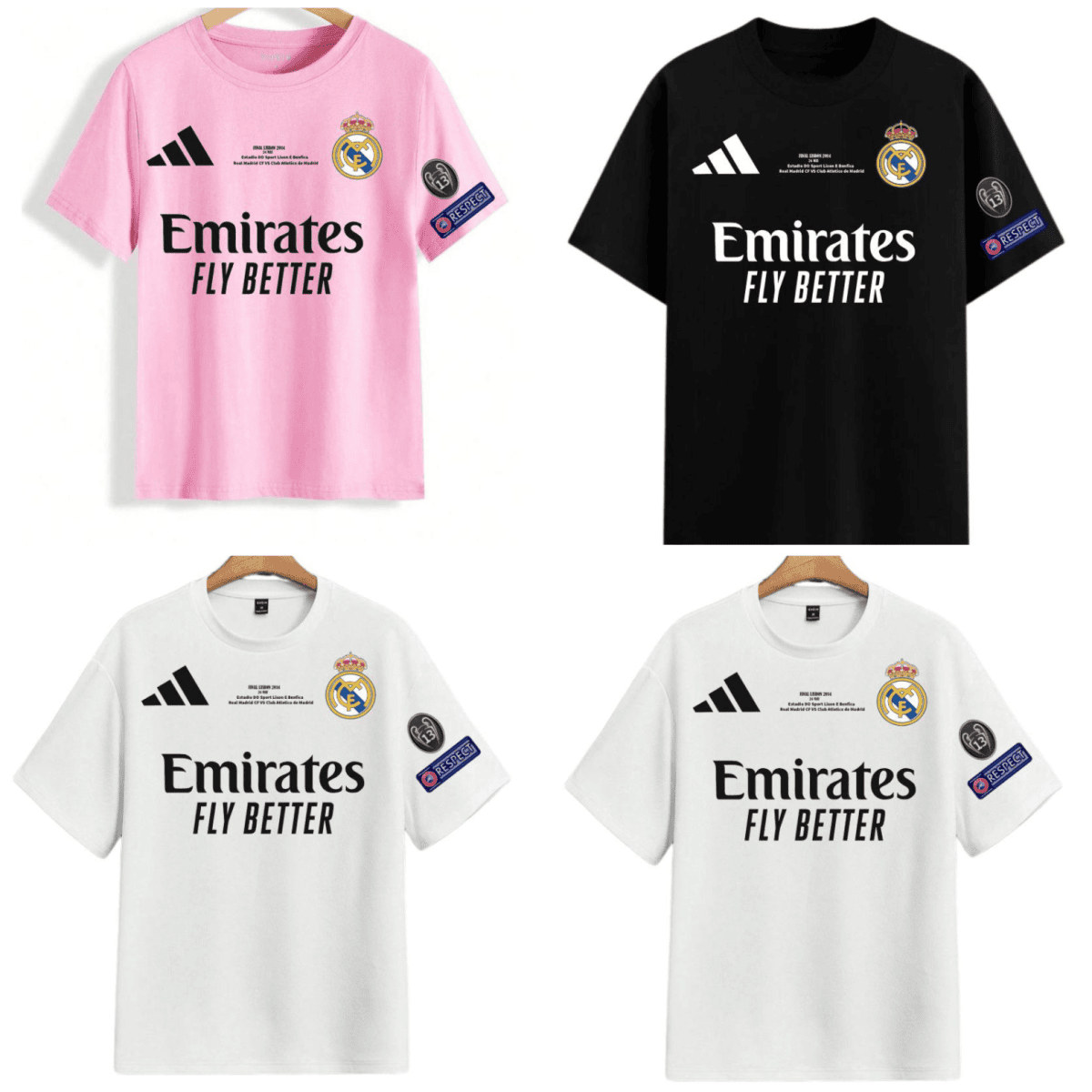Coloured t-shirt collage showing Real Madrid jerseys: pink, black and white shirts with Adidas logo, club crest, and Emirates Fly Better sponsor patches and Respect badge, worn on hangers and mannequins.