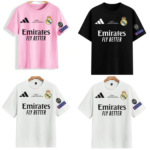 Coloured t-shirt collage showing Real Madrid jerseys: pink, black and white shirts with Adidas logo, club crest, and Emirates Fly Better sponsor patches and Respect badge, worn on hangers and mannequins.