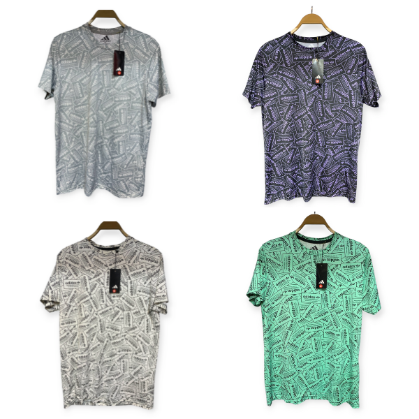 Four short-sleeve t-shirts on wooden hangers, each with a newspaper-print pattern in gray, purple, beige, and mint green on a white background.