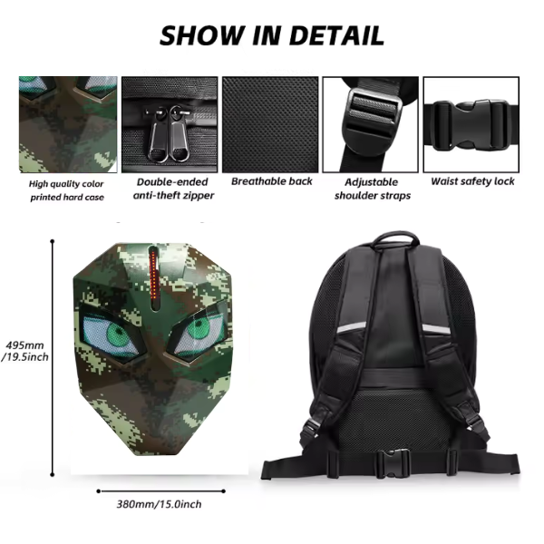 Camouflage hard-shell mask with blue eyes beside a black backpack, with dimensions 495 mm tall and 380 mm wide.
