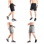 Four product images of men's Nike athletic shorts—black shorts on the top row and gray shorts on the bottom row—shown from side and front while walking.