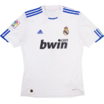 White Real Madrid football jersey featuring blue shoulder stripes, Real crest, Adidas logo, bwin sponsor, and La Liga badge on the sleeve.