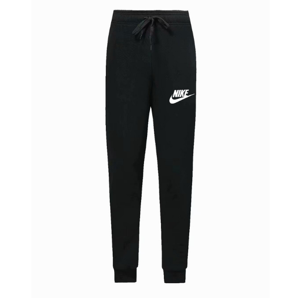 Black Nike jogger pants with drawstring waist and white swoosh logo on the left thigh.