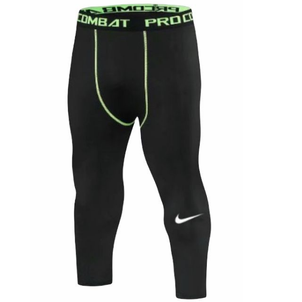Black men's compression tights with neon green waistband and stitched seams, Nike swoosh on lower leg.