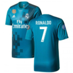 Turquoise Real Madrid football jersey showing front with Fly Emirates sponsor and crest, and back with 'RONALDO' and number 7.