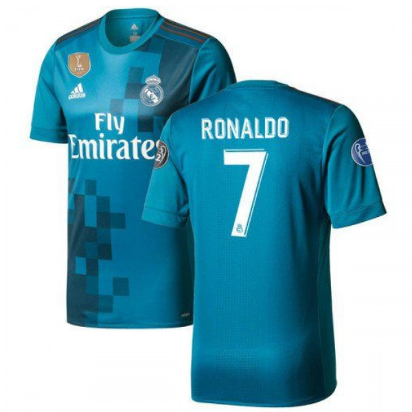 Turquoise Real Madrid football jersey showing front with Fly Emirates sponsor and crest, and back with 'RONALDO' and number 7.