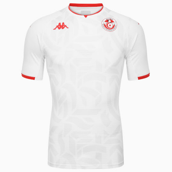 White Tunisia national football team jersey with red trim and collar, featuring a red Kappa logo on the right chest and the round team crest on the left chest.