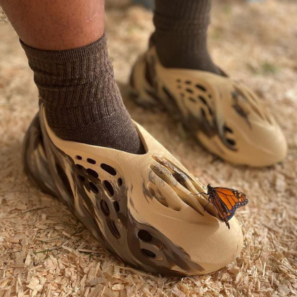Butterfly perched on the toe of a beige clog-style shoe outdoors on wood chips.