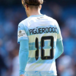 Back view of a soccer player wearing a Manchester City kit with the name 'AGUERO' and number 10 on the jersey.