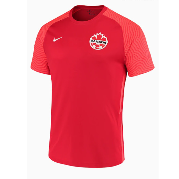 Red Canada national soccer team jersey with white crest on the left chest and a white Nike swoosh on the right.