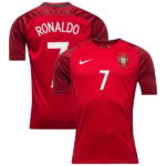Red Portugal national football team jersey with white number 7 and crest on the front; back view shows the same number and a large 7.