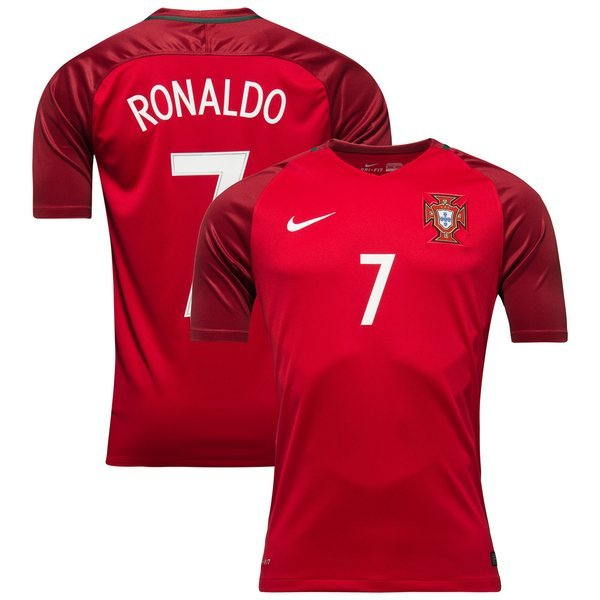 Red Portugal national football team jersey with white number 7 and crest on the front; back view shows the same number and a large 7.
