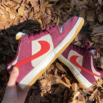 Pair of pink and white sneakers with an orange swoosh resting on brown autumn leaves H2156-1.