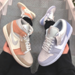 Two-tone sneakers (peach/beige and lavender/white) held over a gray metal staircase, viewed from above.