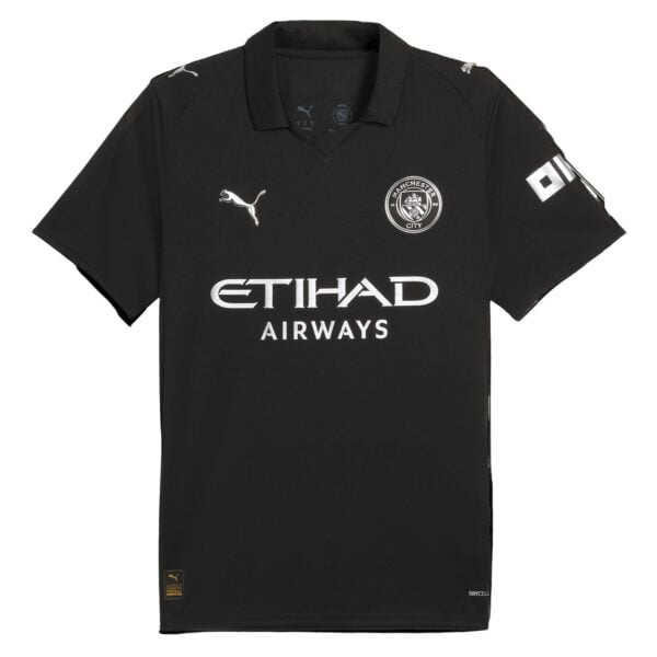 Black Manchester City football jersey with white sponsor logo reading 'ETIHAD AIRWAYS' and club crest on the chest area.