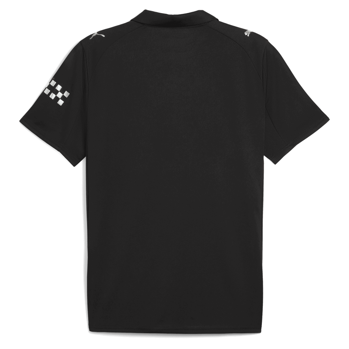 Back view of a black polo shirt with a white checkered pattern on the left sleeve and a small logo on the shoulder area.
