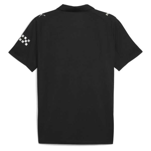Back view of a black polo shirt with a white checkered pattern on the left sleeve and a small logo on the shoulder area.