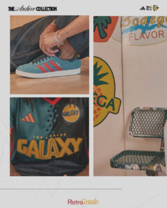 VFP3nERA7oIFcls | UAE SPORT STORE A three-panel collage: top-left shows a turquoise Adidas Gazelle sneaker being tied on a wooden floor, below-left shows a Los Angeles Galaxy jersey, and the right panel features a retro stickered wall with a worn metal chair. TheArchive Collection branding appears at top.