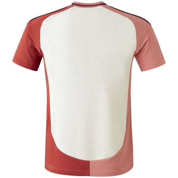 Back view of a color-blocked athletic jersey with a white central panel and coral sides.