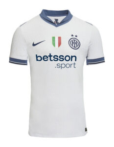 White Inter Milan football jersey with blue collar trim, crest, Italian flag emblem, and Betsson.sport sponsor.