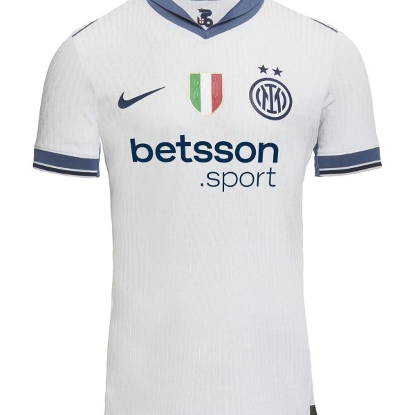 White Inter Milan football jersey with blue collar trim, crest, Italian flag emblem, and Betsson.sport sponsor.