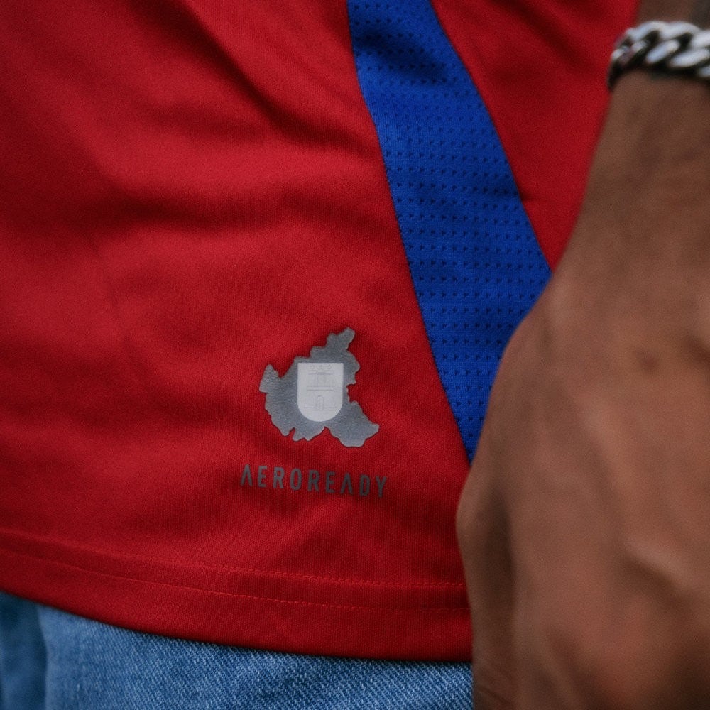 VKKq1pdwp8wqVAJ | UAE SPORT STORE Red athletic shirt with a blue textured stripe; small gray map/crest logo and 'AEROREADY' text on the lower left.