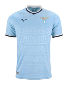 Light blue Lazio football jersey with crest, Mizuno logo, and subtle repeating Lazio text pattern on the front