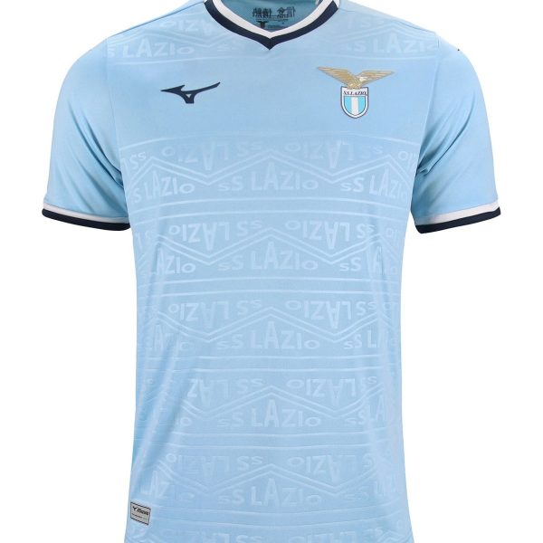 Light blue Lazio football jersey with crest, Mizuno logo, and subtle repeating Lazio text pattern on the front