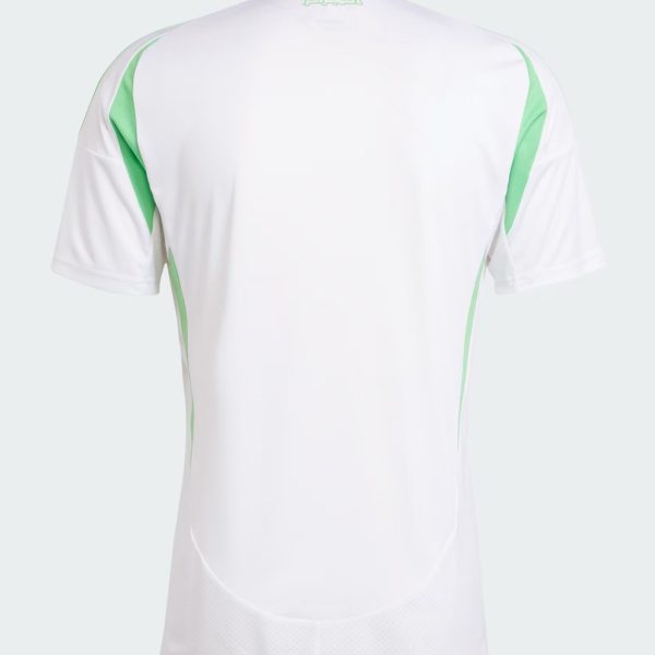 Back view of a white athletic jersey with lime-green shoulder and side panels, logo on the collar.