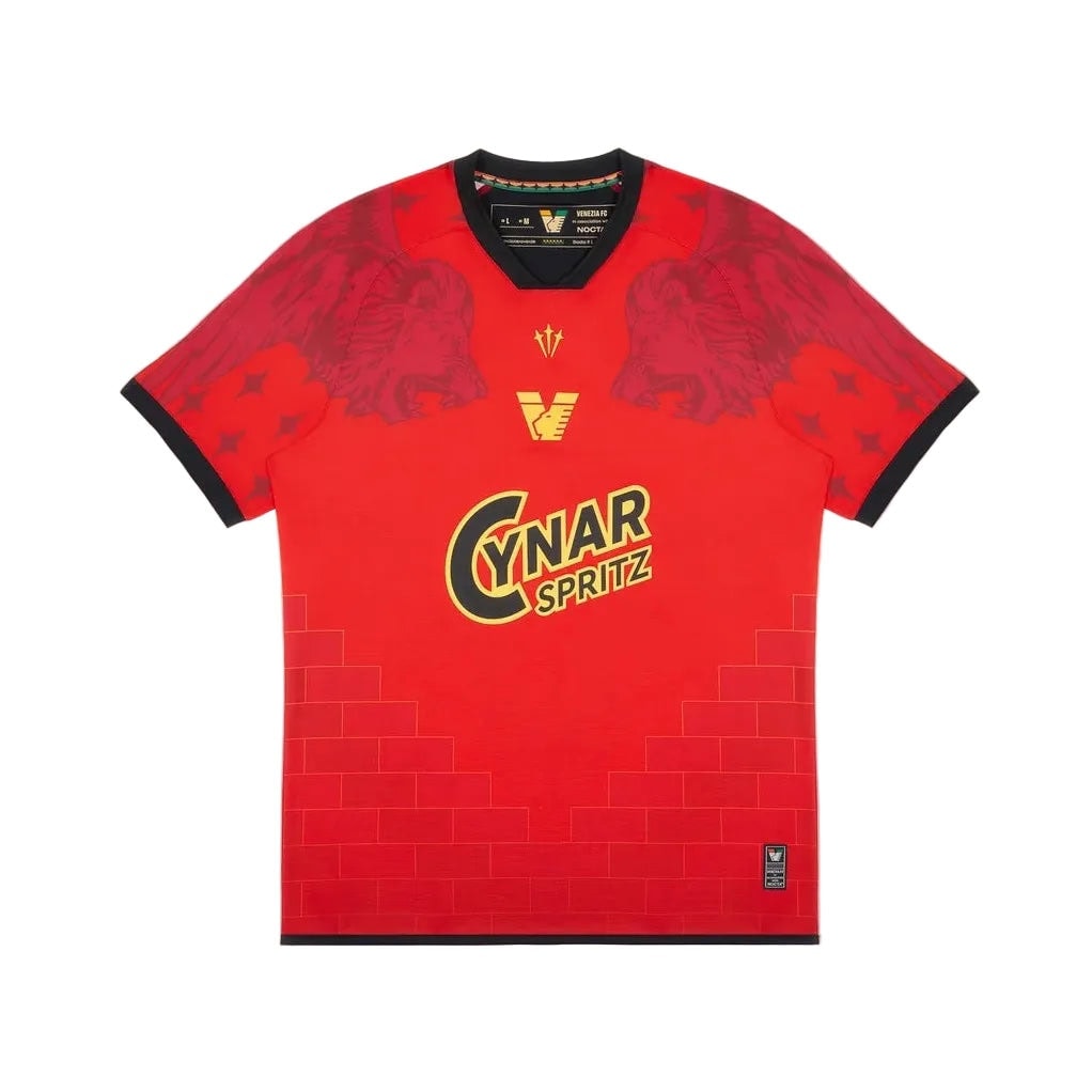 VeneziaFC-34 | UAE SPORT STORE Red soccer jersey with black trim on the collar and cuffs, featuring the yellow Cynar Spritz logo on the chest and a subtle brick pattern at the lower front.