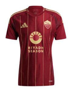 Maroon AS Roma football jersey with gold vertical pinstripes, club crest on left chest and Riyadh Season sponsor logo in center.
