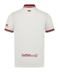 Back view of a white polo shirt with maroon striped collar and cuffs; '1889' on the neck and a 'CarMats.co.uk' sponsor logo near the hem.