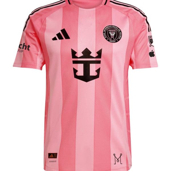 Inter Miami CF pink striped soccer jersey with black crest and Adidas logo.