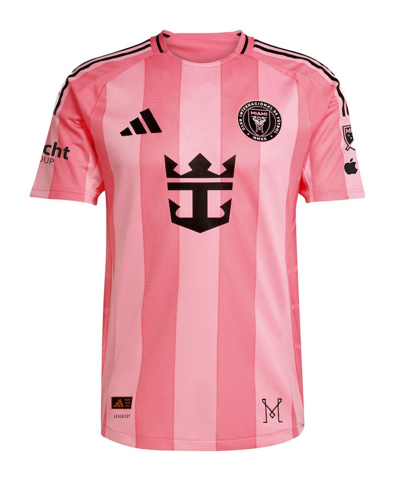 W4YsDrbo3KCKPcw | UAE SPORT STORE Inter Miami CF pink striped soccer jersey with black crest and Adidas logo.