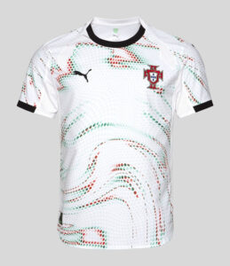 WFT3P6C0v6Gvk9W | UAE SPORT STORE Portugal national football jersey, white with green-red swirl pattern and crest on chest, Puma logo visible, short sleeves with black cuffs