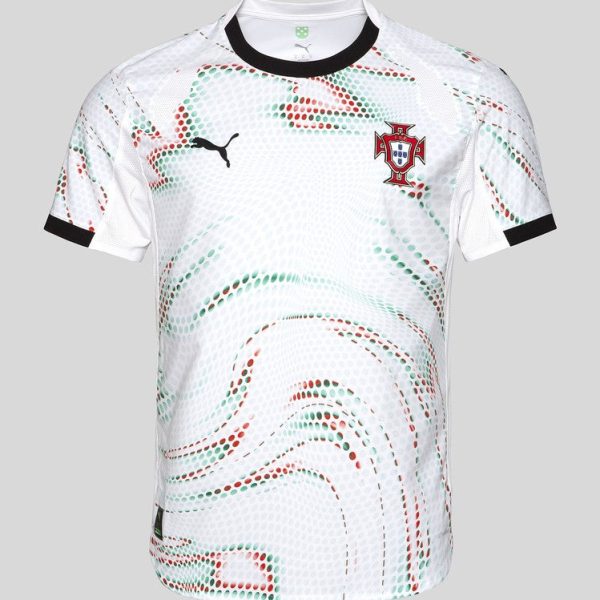 Portugal national football jersey, white with green-red swirl pattern and crest on chest, Puma logo visible, short sleeves with black cuffs