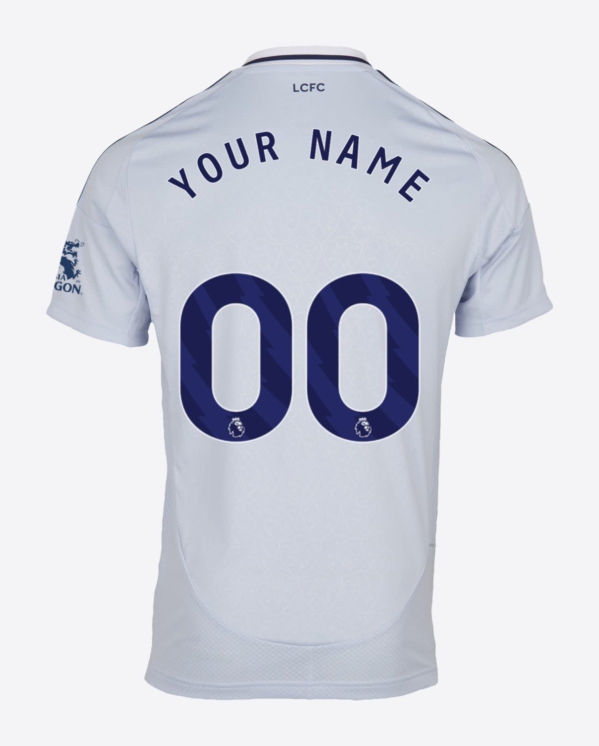 Light blue soccer jersey back with 'YOUR NAME' curved above a large navy '00' number and small league logos at the bottom of the digits.