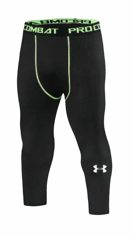 WhatsAppImage2021-09-16at5.06.34PM_1_00d9f35d-553f-4188-80bc-288c79a0e3e2 | UAE SPORT STORE Black compression tights with neon green stitching and a neon waistband, featuring a white Under Armour logo on the lower leg.