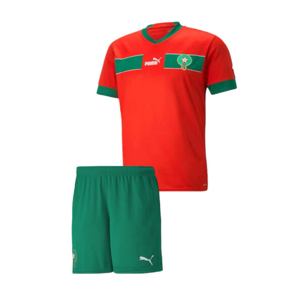 Red soccer jersey with green trim and Cameroon crest, paired with matching green shorts by Puma