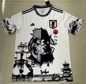 White Adidas Japan jersey featuring Naruto split-face graphic, with Japanese landscape elements and team crest on chest.