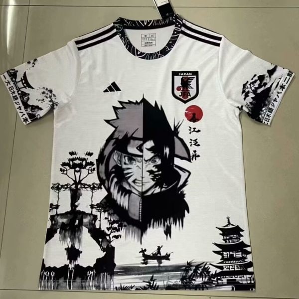White Adidas Japan jersey featuring Naruto split-face graphic, with Japanese landscape elements and team crest on chest.