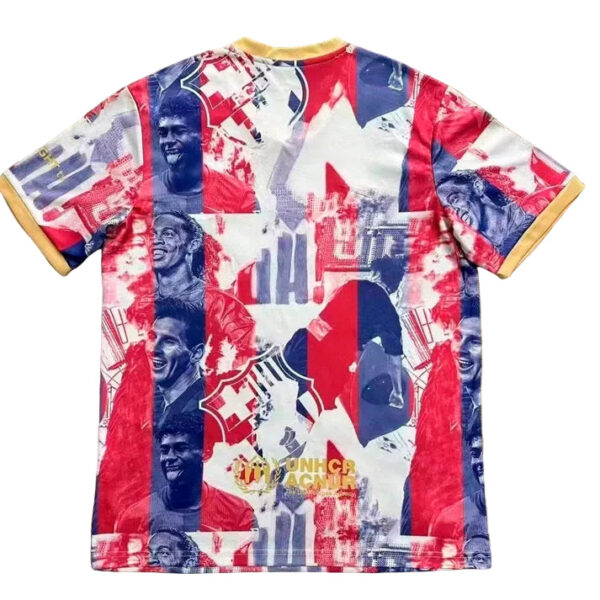 Graphic short-sleeve T-shirt with a red, white, and blue collage of faces and dynamic shapes, yellow trim at sleeves and collar.