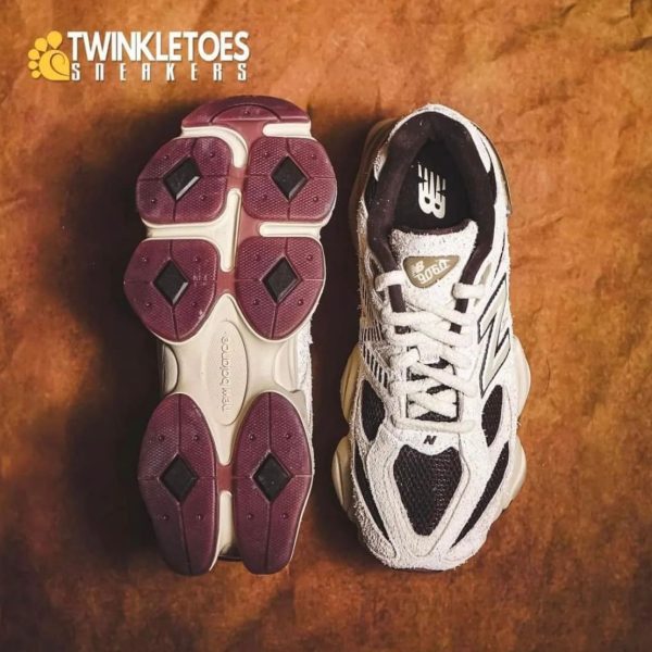 Two running shoes placed side by side on a brown background; left shoe shows a purple outsole with diamond tread, right shoe shows a white/black New Balance upper.