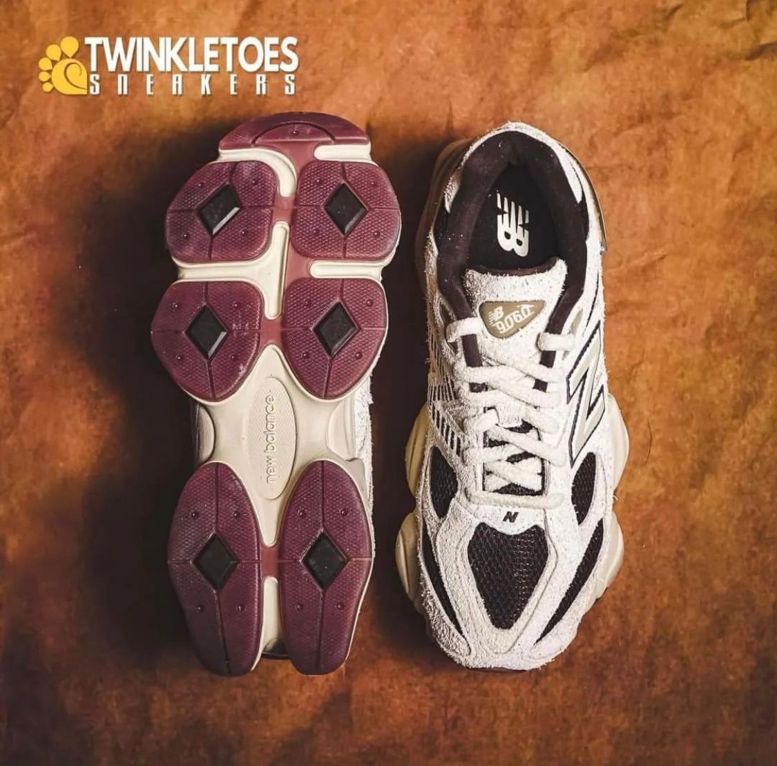 WhatsApp_Image_2024-07-27_at_01.11.55 | UAE SPORT STORE Two running shoes placed side by side on a brown background; left shoe shows a purple outsole with diamond tread, right shoe shows a white/black New Balance upper.